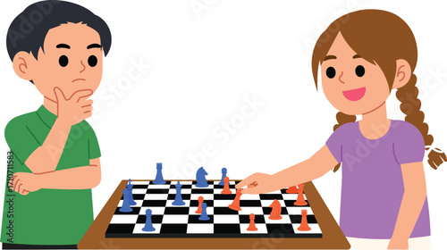 happy kids play chess game on the table, game night activity for children, smile boy and girl enjoy game and have fun, cute child competition chess with friend illustration