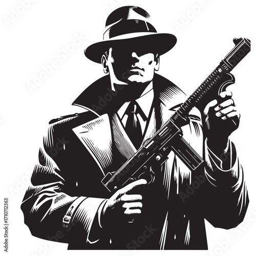 Gangster with gun illustration, vintage mafia man in hat, retro crime vector artwork