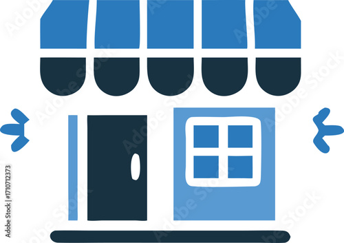 Small building icon featuring a storefront facade, door, and awning stands prominently on a white background