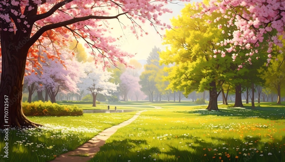 Fototapeta premium Springtime park serenity a picturesque landscape
