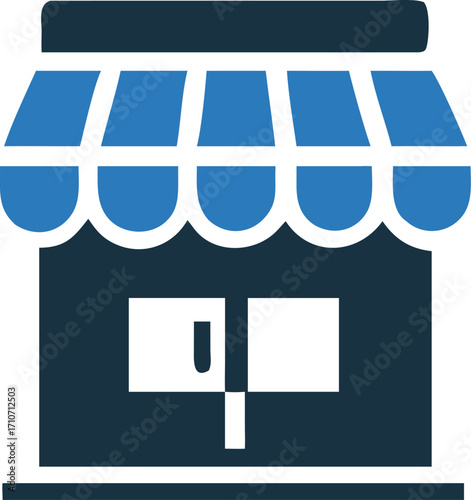 Small store structure features a blue awning and a symmetrical entrance design