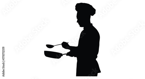 Silhouette of a chef tasting food with two spoons isolated on white