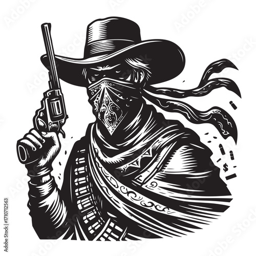 Gangster with gun illustration, vintage mafia man in hat, retro crime vector artwork