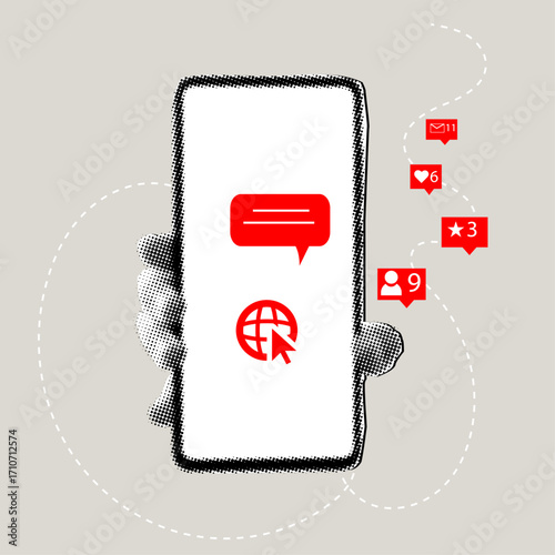 Modern halftone collage,creative concept for mobile applications,online services,social media communication,business ratings and digital innovation