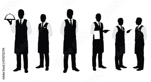 Silhouettes of formally dressed waiters in black against a white background