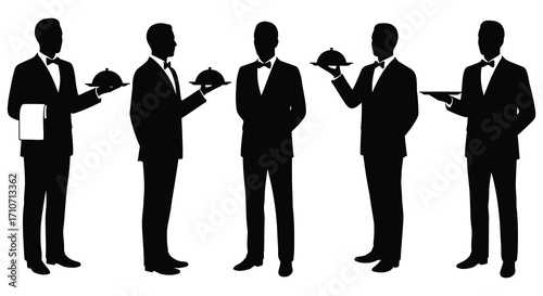 Silhouetted waiters in formal attire presenting dishes on silver trays