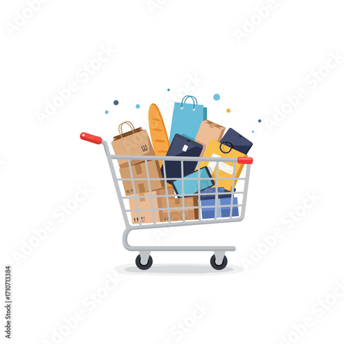 E-commerce Concept: A Shopping Cart Overfilled with Items