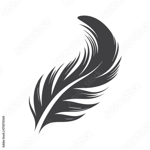 Solitary detailed gray feather gracefully curves rightward on a clean white backdrop naturally and uniquely