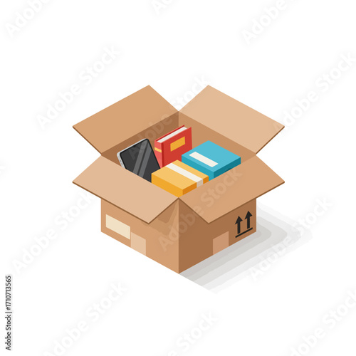 Open Cardboard Box with Books and Smartphone Inside