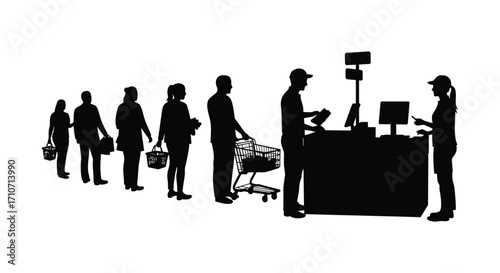 People waiting in a checkout line at a grocery store or supermarket