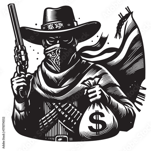 Gangster with gun illustration, vintage mafia man in hat, retro crime vector artwork