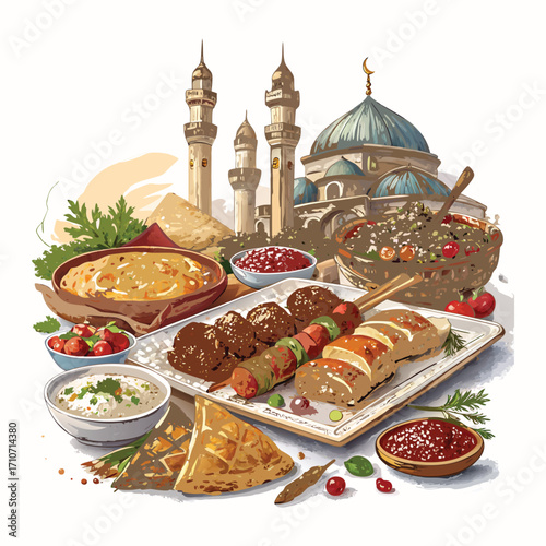 Turkish National Food with Turkish Pie Pide and Dolma Top View Vector 