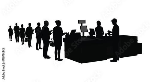 People waiting in a long queue at a checkout counter silhouette