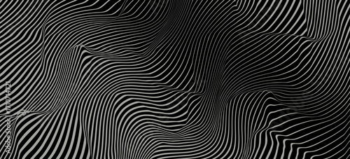 Abstract background of diagonal lines curved in a sinusoid. Long smooth wave in space. Difference thickness simulating volume. Striped background for presentation page. Creative modern line texture.