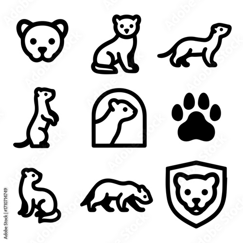 Black and white animal icon set featuring bear ferret otter and paw print.