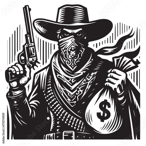 Gangster with gun illustration, vintage mafia man in hat, retro crime vector artwork