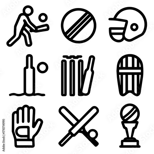 Black and White Cricket Equipment Icons Batter Ball Wicket Helmet and Trophy.