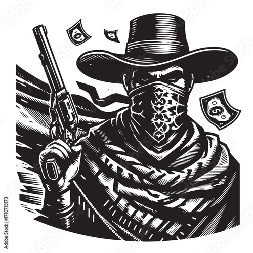 Gangster with gun illustration, vintage mafia man in hat, retro crime vector artwork