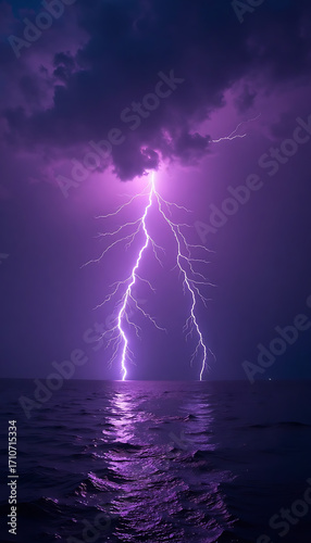 Vivid Purple Lightning Strike Over Ocean During Storm at Night
