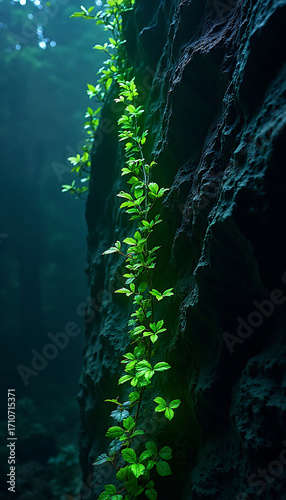 Vibrant Green Plant Growing on Dark Rocky Cliff in Forest Scene