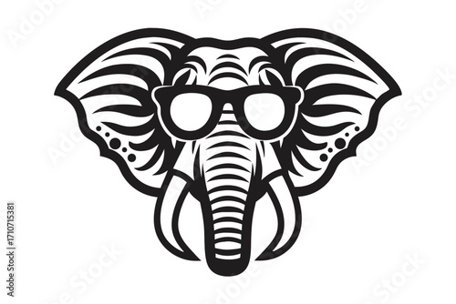 Striking monochrome elephant head with sunglasses reveals bold patterns and unique tribal inspiration