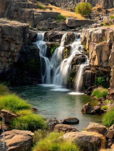 Waterfall cascading over rocky cliffs into pool long exposure shot at Palouse Falls State Park Washington USA