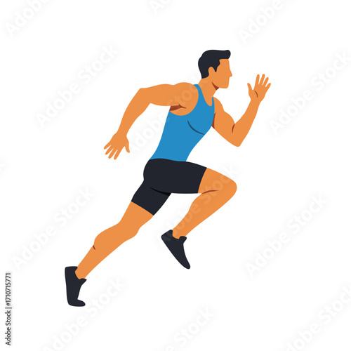 A dynamic illustration depicts a fit male athlete sprinting forward with determination, showcasing speed and active movement during a competitive race or workout.
