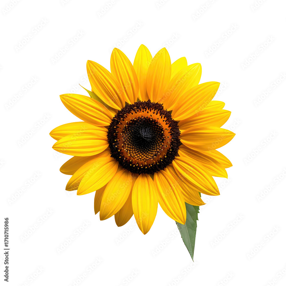 Fototapeta premium Close-up of a vibrant yellow sunflower, detailed petals, dark brown center, and single green leaf