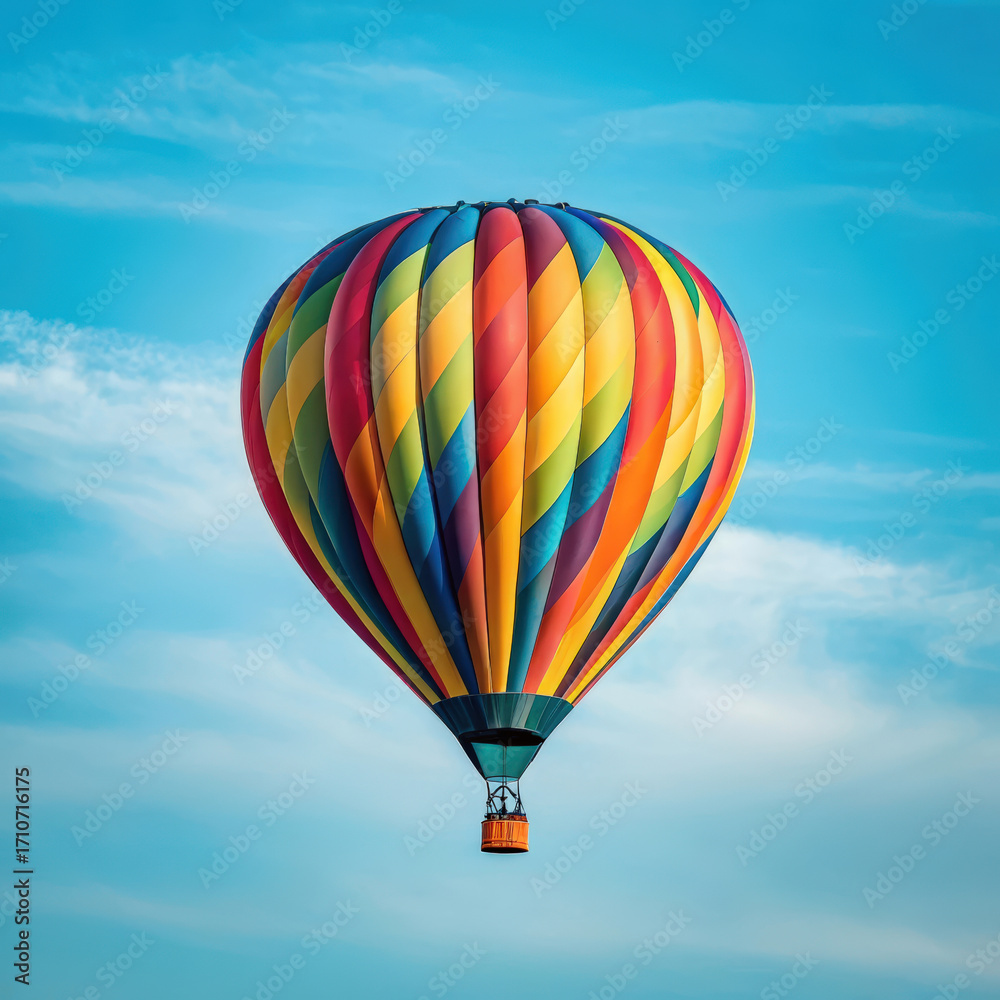 Obraz premium Vibrant striped hot air balloon floats serenely against a clear blue sky with wispy clouds