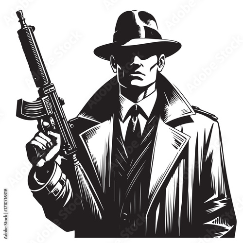 Gangster with gun illustration, vintage mafia man in hat, retro crime vector artwork