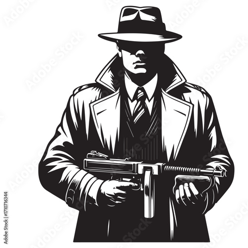Gangster with gun illustration, vintage mafia man in hat, retro crime vector artwork