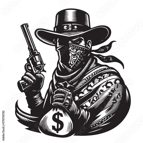 Gangster with gun illustration, vintage mafia man in hat, retro crime vector artwork