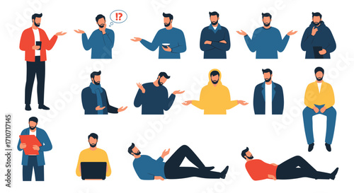 Diverse male characters in various poses and casual outfits expressing different emotions and activities.