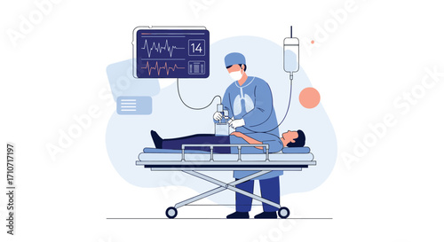 A surgeon performs a critical procedure on a patient monitored by medical equipment.