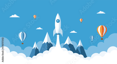 A rocket launching into the sky above mountains and clouds with balloons floating in the air.