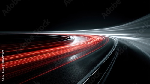 Abstract long exposure of red and white car lights on a wet road at night, creating a dynamic and futuristic effect