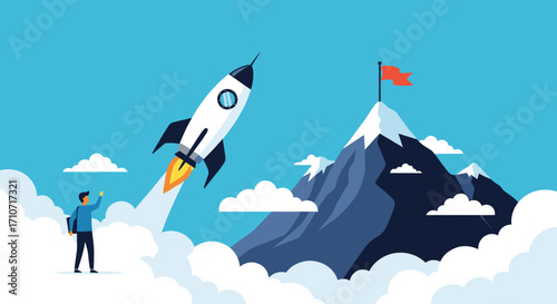 A person watches as a rocket launches toward a mountain peak with a flag on top.