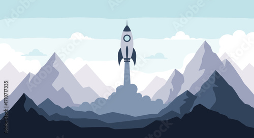 A powerful rocket blasting off from behind a majestic mountain range into the clear blue sky.