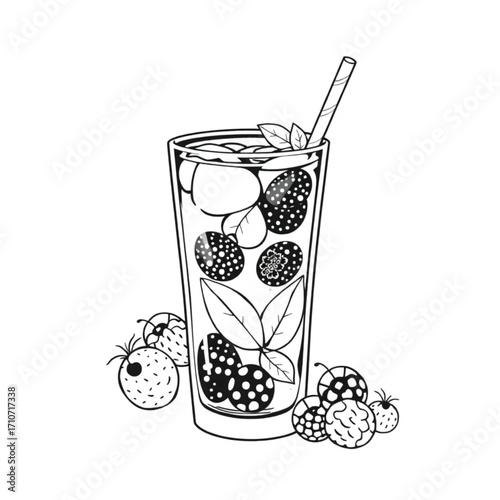 Cold herbal iced tea with fresh berries