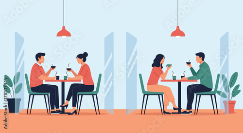 Two couples enjoying drinks at separate tables in a cafe with social distancing screens.