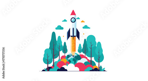 A stylized rocket ship launching from behind a pencil on a vibrant green earth among trees and colorful abstract shapes with clouds above
