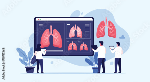 Medical professionals examining lung x-rays on a digital screen.