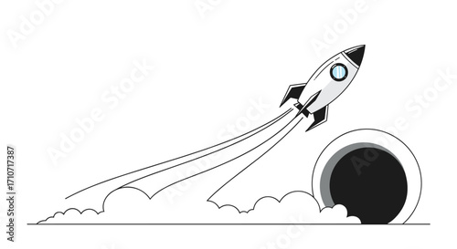 A sleek rocket ship ascends into the sky leaving a trail of smoke and clouds.