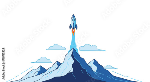 A rocket launching from a mountain peak towards the sky.
