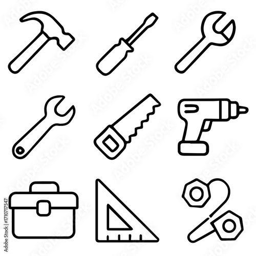 Collection of Black and White Outline Tools and Workshop Supplies.