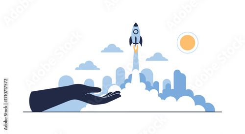 A hand reaching out to support a rocket launching into the sky with clouds and a sun.