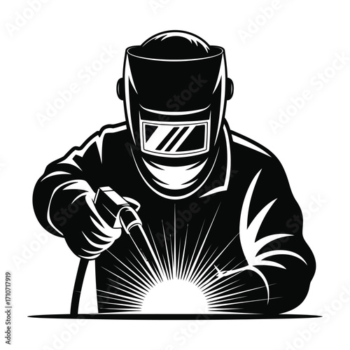 Welder silhouette with welding torch and protective mask, sparks effect, industrial worker safety gear, vector isolated black and white