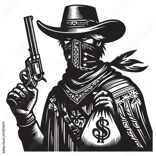 Gangster with gun illustration, vintage mafia man in hat, retro crime vector artwork