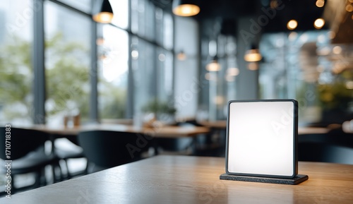 Wallpaper Mural Blank white menu board on table in modern restaurant interior mock-up with blurred cafe background, black chairs, glass windows, and square card holder, no text or design Torontodigital.ca