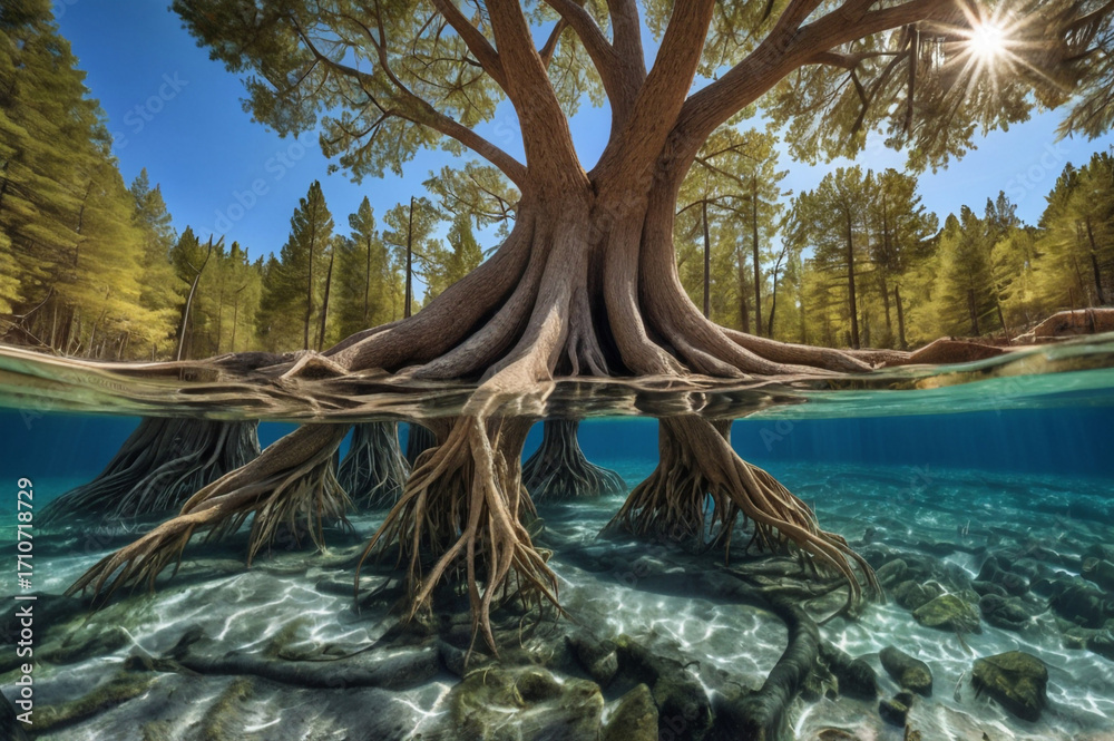 Fototapeta premium Mangrove Tree Roots Submerged in Clear Water with Forest Background image photo